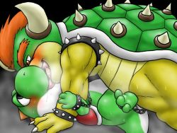 2boys barefoot bdsm blush bondage bound bowser cuffs kiss male_focus mario_(series) monster multiple_boys nintendo no_humans scaly sex shackles super_mario_bros._1 yaoi yoshi