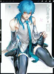 1boy bare_shoulders blue_necktie blush clothes_lift commentary cosplay crossdressing detached_sleeves dramatical_murder embarrassed full_body hair_between_eyes hatsune_miku hatsune_miku_(cosplay) highres long_hair long_necktie looking_at_viewer male_focus necktie seiza seragaki_aoba sitting skinny skirt skirt_lift sleeveless solo thighhighs thijkoij yellow_eyes