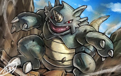 claws cloud commentary_request creatures_(company) day fangs game_freak gen_1_pokemon kaosu_(kaosu0905) looking_at_viewer nintendo no_humans outdoors pokemon pokemon_(creature) red_eyes rhydon rock signature sky solo