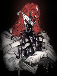 1boy aleph_(reverse:1999) black_background black_gloves black_liquid black_mask covered_face cracked_mask facing_viewer gloves highres i_(220_i_284) long_hair male_focus own_hands_together red_hair reverse:1999 shirt solo spill upper_body watermark white_shirt