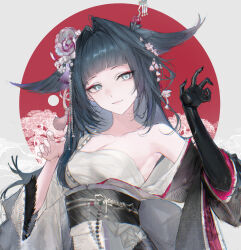 Rule 34 | 1girl, absurdres, animal ears, arknights, bare shoulders, black gloves, black hair, blue eyes, blunt bangs, breasts, cleavage, collarbone, eyeshadow, feimao (fmfeimao), flower, gloves, grey eyes, hair flower, hair intakes, hair ornament, hands up, highres, japanese clothes, kimono, long hair, looking at viewer, makeup, medium breasts, mio (arknights), obi, off shoulder, red eyeshadow, sarashi, sash, smile, solo, upper body, wide sleeves