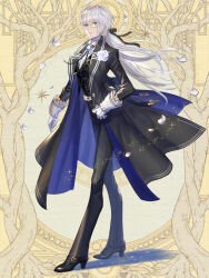Rule 34 | 1boy, arched back, belt, belt buckle, black coat, black pants, black ribbon, black shoes, black vest, blue coat, blue eyes, blue gemstone, bolo tie, boutonniere, buckle, closed mouth, coat, dairoku ryouhei, dress shoes, falling petals, flower, formal clothes, frilled sleeves, frills, full body, gem, gloves, hair between eyes, hair ribbon, high heels, infospikee, lapels, light particles, long hair, long sleeves, low ponytail, male focus, monk shoes, monocle, notched lapels, open clothes, open coat, pants, patterned clothing, petals, ponytail, ribbon, rose, shirt, shoes, sideways glance, sleeve cuffs, smile, solo, standing, stella argento, tuxedo shirt, two-sided coat, two-sided fabric, vest, white belt, white flower, white gloves, white hair, white rose, white shirt