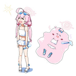1girl absurdres adon_(dufaladanidu) ahoge bikini blue-tinted_eyewear blue_archive closed_eyes collarbone commentary_request eyewear_on_head fang hair_bobbles hair_ornament halo highres hoshino_(blue_archive) hoshino_(swimsuit)_(blue_archive) hot long_hair low_twintails official_alternate_costume open_mouth pink_hair pink_halo plastic_bottle sandals sun sunglasses swimsuit tinted_eyewear toes twintails white_background white_bikini