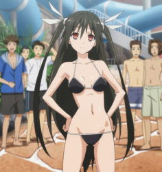Rule 34 | anime screenshot, bikini, black hair, breasts, cleavage, hair ribbon, long hair, mayo chiki!, red eyes, ribbon, stitched, suzutsuki kanade, swimsuit, third-party edit, twintails