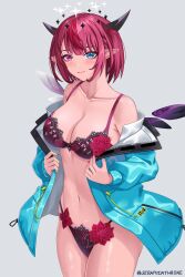 1girl asymmetrical_wings bare_shoulders black_horns black_wings blue_eyes blue_jacket blush bra breasts cleavage collarbone commentary cowboy_shot double_halo english_commentary grey_background halo heterochromia highres hololive hololive_english horns irys_(hololive) jacket large_breasts mismatched_wings off_shoulder panties pointy_ears purple_bra purple_eyes purple_hair purple_panties red_hair seraphim_throne short_hair simple_background solo underwear virtual_youtuber white_wings wings
