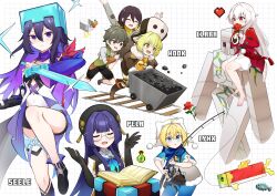 1boy 6+girls ahoge alina_(honkai:_star_rail) aviary barefoot black_hat black_shoes blonde_hair blue_eyes blue_neckerchief brown_shoes character_name clara_(honkai:_star_rail) closed_eyes closed_mouth coal enchantment_table fishing fishing_rod flower glasses green_eyes hair_between_eyes hat heart highres holding holding_fishing_rod honkai:_star_rail honkai_(series) hook_(honkai:_star_rail) iron_golem_(minecraft) julian_(honkai:_star_rail) long_hair lynx_landau minecart minecraft multiple_girls neckerchief on_shoulder open_mouth pela_(honkai:_star_rail) pom_pom_(clothes) purple_eyes purple_hair red_eyes red_flower red_rose rose seele_(honkai:_star_rail) shoes white_hair white_hat
