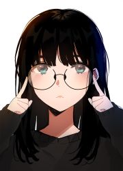14_(vision5032) 1girl :c adjusting_eyewear arms_up bad_id bad_twitter_id black-framed_eyewear black_hair black_sweater blue_eyes blush closed_mouth commentary_request female_focus korean_commentary long_hair long_sleeves looking_at_viewer round_eyewear simple_background solo sweater upper_body white_background