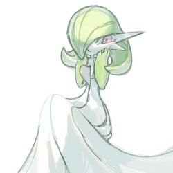 bob_cut colored_skin dress gardevoir gen_3_pokemon green_hair green_skin hair_over_one_eye looking_at_viewer lowres multicolored_skin nintendo oyama_yoihaya pink_eyes pokemon pokemon_(creature) simple_background two-tone_skin white_background white_dress white_skin