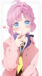 Rule 34 | 1girl, absurdres, ahoge, anyoji hime, blue eyes, blush, brown dress, closed mouth, commentary request, curtained hair, dot mouth, dress, hair intakes, hasu no sora school uniform, heart, highres, hood, hooded jacket, jacket, kentotto, link! like! love live!, long sleeves, looking at viewer, love live!, neckerchief, open clothes, open jacket, parted bangs, pink jacket, sailor collar, sailor dress, school uniform, sidelocks, simple background, solo, upper body, virtual youtuber, white background, white sailor collar, winter uniform, yellow neckerchief