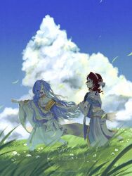 Rule 34 | 2girls, 37 (reverse:1999), :d, ^ ^, absurdres, ancient greek clothes, armlet, blue hair, blue sky, closed eyes, cloud, day, falling leaves, full body, gloves, gold choker, grass, greco-roman clothes, green eyes, hair between eyes, hairband, highres, holding hands, jewelry, leaf, long hair, looking at another, multiple girls, open mouth, outdoors, red hair, reverse:1999, single glove, sky, smile, sophia (reverse:1999), tn kn1000, toga, very long hair, walking, watermark, white hairband