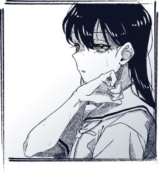 1girl absurdres bang_dream! bang_dream!_it&#039;s_mygo!!!!! chinese_commentary commentary_request doki_(oox3o) greyscale hair_between_eyes hanasakigawa_school_uniform highres long_hair mole mole_under_eye monochrome neckerchief open_mouth sailor_collar school_uniform serafuku shiina_taki short_hair solo sweat upper_body