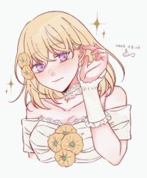 Rule 34 | 1girl, bang dream!, bang dream! it&#039;s mygo!!!!!, bare shoulders, blonde hair, blush, breasts, chinese commentary, choker, cleavage, closed mouth, collarbone, commentary request, dated, dress, flower, hair between eyes, hair flower, hair ornament, highres, long hair, medium breasts, medium hair, misumi uika, off-shoulder dress, off shoulder, purple eyes, solo, sparkle, tucking hair, upper body, white choker, white dress, white wrist cuffs, wrist cuffs, yuyuyang0402