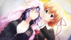 2girls after_bathing behind_another black_dress blonde_hair blue_hair blush breasts chaos;child closed_eyes collarbone colored_eyelashes cropped_jacket dress drying drying_another&#039;s_hair drying_hair ears_visible_through_hair game_cg hair_between_eyes hair_ribbon hand_in_another&#039;s_hair hands_on_another&#039;s_head hekiho_academy hekiho_academy_uniform highres holding holding_another&#039;s_hair holding_towel jacket kazuki_hana kurusu_nono large_breasts light_frown long_hair looking_at_another medium_breasts multiple_girls non-web_source official_art purple_eyes red_ribbon ribbon sailor_collar sasaki_mutsumi shirt smile towel towel_on_head track_jacket wet wet_hair white_sailor_collar white_shirt