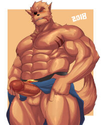 1boy abs animal_ears bara bare_pectorals biceps blush body_markings brown_fur chest_fur clothes_lift commentary_request cross_scar daikaijuu_monogatari dated erection eyepatch furry furry_male garou_(daikaijuu_monogatari) looking_at_viewer magnum_feering male_focus nipples one_eye_covered pectorals penis precum scar scar_on_face scar_on_forehead skirt skirt_lift smule tail testicles tongue tongue_out topless_male wolf_boy wolf_ears wolf_tail