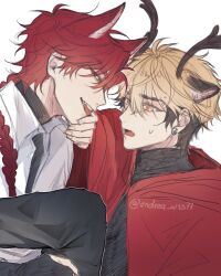 2boys alternate_costume andrea_wts77 animal_ears antlers black_hair black_pants black_shirt blonde_hair braid cloak collared_shirt deer_antlers deer_boy deer_ears earrings eyebrow_piercing face_piercing fang fox_boy fox_ears hand_on_another&#039;s_face horns jewelry kemonomimi_mode leg_grab long_hair looking_at_another male_focus multicolored_hair multiple_boys open_mouth orange_eyes pants piercing profile red_cloak red_eyes red_hair shiguang_dailiren shirt short_hair single_braid sleeves_past_wrists smile spread_legs sweatdrop tongue tongue_out turtleneck twitter_username two-tone_hair white_background white_shirt xia_fei xiao_weiying yaoi