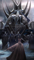 Rule 34 | 6+boys, armor, cape, cloud, cloudy sky, cross, emperor galdinos, full armor, gauntlets, helmet, male focus, multiple boys, noba, outstretched arm, pixiv fantasia, pixiv fantasia 5, sky, snow, sword, throne, tiger, weapon