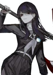 1girl axe earrings eyelashes female_focus glasses holding holding_axe holding_weapon jewelry last_defense_academy_school_uniform long_hair long_sleeves looking_at_viewer pale_skin pleated_skirt purple_eyes purple_hair red_eyes shizuhara_hiruko simple_background skirt smile solo_focus the_hundred_line_-last_defense_academy- weapon white_background