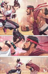 1boy 1girl accidental_kiss apologizing artist_name back bandana beard black_hair blurry blurry_background blush bracelet breasts cape cirenk collar embarrassed facial_hair feet fighting fingerless_gloves gloves hair_horns han_juri jewelry kiss large_breasts looking_at_another pants ryu_(street_fighter) spiked_bracelet spiked_collar spiked_necklace spikes street_fighter street_fighter_6