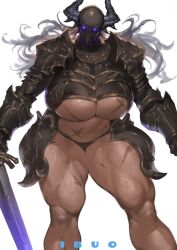 Rule 34 | 1girl, armor, artist name, bikini armor, blue eyes, breasts, feet out of frame, helmet, highres, horns, huge breasts, ibuo (ibukht1015), long hair, looking at viewer, muscular, muscular female, original, scar, scar on breasts, simple background, solo, thick thighs, thighs, white background