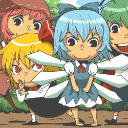 Rule 34 | 4girls, antennae, barefoot, black cape, black dress, black eyes, black shoes, black shorts, blonde hair, blue dress, blue eyes, blue hair, bow, bowtie, brown hat, cape, cirno, closed mouth, commentary request, dress, full body, green hair, hair bow, hat, ice, ice wings, long sleeves, looking at viewer, mob cap, multiple girls, mystia lorelei, onikobe rin, pink hair, red bow, red bowtie, red cape, red eyes, rumia, shirt, shoes, short hair, shorts, smile, socks, standing, team 9 (touhou), touhou, two-sided cape, two-sided fabric, white shirt, white socks, wings, wriggle nightbug