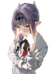 Rule 34 | 1girl, absurdres, black bow, blue eyes, blunt bangs, blush, bow, cardigan, closed mouth, dino (dinoartforame), grey cardigan, heterochromia, highres, hololive, hololive english, looking at viewer, ninomae ina&#039;nis, pointy ears, purple hair, red eyes, shirt, sidelocks, solo, upper body, white shirt