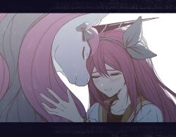 1girl aubrey_(faraway)_(omori) aubrey_(omori) blue_hairband closed_eyes collarbone crying galarian_form galarian_rapidash gen_8_pokemon hairband highres jacket letterboxed long_hair long_sleeves nintendo o_oquo omori parted_lips pink_hair pokemon pokemon_(creature) simple_background solo white_background white_jacket