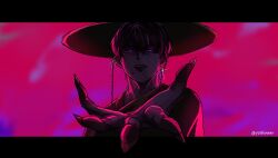 1boy black_hanbok cosplay demon_boy earrings fingernails gat_(hat) gatkkeun glowing glowing_eyes hanbok hat highres jewelry jinu_(kpop_demon_hunters) jinu_(kpop_demon_hunters)_(cosplay) korean_clothes korean_traditional_hat kpop_demon_hunters long_sleeves look-alike looking_at_viewer male_focus marius_von_hagen_(tears_of_themis) purple_background purple_eyes purple_hair sharp_fingernails short_hair solo tears_of_themis upper_body yoshiiraav
