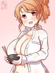 1girl aquila_(kancolle) artist_logo blush bowl breasts chopsticks dated hair_ornament hairclip high_ponytail holding holding_bowl kanon_(kurogane_knights) kantai_collection large_breasts logo looking_at_viewer no_bra no_panties one-hour_drawing_challenge open_clothes open_mouth open_shirt orange_hair pink_background ponytail smile solo upper_body