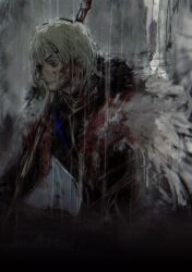 Rule 34 | 105tasu, 1boy, armor, bags under eyes, black armor, blonde hair, blood, blood on clothes, blood on face, breastplate, closed mouth, commentary request, dimitri alexandre blaiddyd, dimitri alexandre blaiddyd (timeskip), empty eyes, fire emblem, fire emblem: three houses, highres, male focus, nintendo, polearm, profile, rain, sitting, solo, weapon, wet, wet hair, white fur
