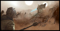 6+boys bandaged_head bandages black_border blue_lightsaber border brown_robe energy_sword holding holding_sword holding_weapon lightsaber multiple_boys obi-wan_kenobi open_clothes open_robe ornicar outside_border robe star_wars star_wars:_a_new_hope sword tusken_raider weapon