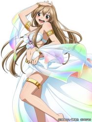 1girl breasts brown_eyes brown_hair cleavage dress elie grin hand_on_own_head legs long_hair looking_at_viewer navel open_mouth rave_(manga) shiny_skin smile solo