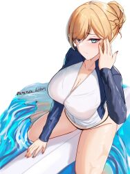 1girl absurdres ananda_hikari artist_name azur_lane blonde_hair blue_eyes bodysuit braid breasts cleavage closed_mouth diving_suit hair_bun highres kongou_(azur_lane) kongou_(troubled_seas)_(azur_lane) large_breasts light_blush looking_at_viewer official_alternate_costume sitting solo surfboard swept_bangs water wetsuit