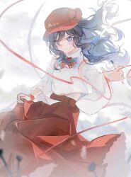 1girl bare_shoulders blue_eyes blue_hair bound bow bowtie closed_mouth commentary_request detached_sleeves dolls_in_pseudo_paradise frilled_skirt frills happy hat highres hutaodehetao label_girl_(dipp) long_hair long_skirt long_sleeves mandarin_collar midriff_peek red_bow red_bowtie red_hat red_ribbon red_skirt ribbon rope shirt side_ponytail skirt skirt_hold sleeveless sleeveless_shirt smile solo stake tied_up_(nonsexual) touhou upper_body white_shirt white_sleeves wide_sleeves