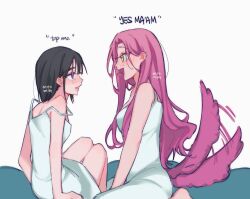 Rule 34 | 2girls, alien stage, bare arms, barefoot, black hair, blush, commentary, dress, ear blush, english commentary, english text, green eyes, heart, heart in mouth, highres, kemonomimi mode, looking at another, medium hair, miiomin, mizi (alien stage), multiple girls, open mouth, pink hair, purple eyes, simple background, strap slip, sua (alien stage), tail, tail wagging, white background, white dress, yuri