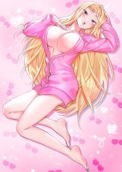 1girl :o blonde_hair breasts breasts_day commentary_request dosanko_gal_wa_namaramenkoi fingernails full_body fuyuki_minami good_breasts_day hand_on_own_chest hand_on_own_head heart heart_background highres ikada_kai jacket large_breasts long_fingernails long_hair looking_at_viewer lying naked_jacket official_art on_back open_mouth partially_unzipped pink_background pink_jacket purple_eyes raised_eyebrows short_bangs solo