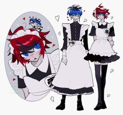 2boys apron black_dress black_hair black_thighhighs blue_eyes blue_hair blush bridge_piercing chibi chibi_inset closed_mouth crossdressing dress ear_piercing earrings embarrassed face_piercing full_body grey_background hair_between_eyes heart jewelry looking_at_viewer maid maid_apron maid_headdress male_focus messy_hair multicolored_hair multiple_boys nnidotxx omokage_yugamu open_mouth piercing red_hair simple_background standing streaked_hair sumino_takumi the_hundred_line_-last_defense_academy- thighhighs white_background