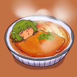 1girl bowl female_focus food green_hair hair_ornament in_food kisume lowres noodles onikobe_rin short_hair solo touhou twintails udon