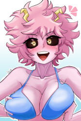 1girl absurdres antennae artist_name ashido_mina bikini black_sclera blue_background blue_bikini blush boku_no_hero_academia breasts cleavage collarbone colored_sclera colored_skin commentary english_commentary grabbing_own_breast gradient_background highres large_breasts laz_gm looking_at_viewer open_mouth paid_reward_available pink_hair pink_skin short_hair smile solo swimsuit teeth upper_body upper_teeth_only yellow_eyes
