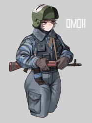 1girl absurdres ak-47 altyn_helmet assault_rifle brown_eyes brown_gloves brown_hair cargo_pants closed_mouth combat_helmet cropped_legs cyrillic eyelashes fur_trim gloves green_helmet grey_background grey_pants gun helmet highres kalashnikov_rifle long_sleeves looking_ahead military_combat_uniform military_uniform original pants rifle short_hair simple_background soldat_(dndosld73832) solo utility_vest vest weapon