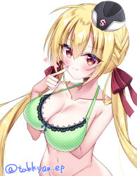 Rule 34 | 1girl, :3, absurdres, ahoge, arihara nanami, arm under breasts, artist name, bare shoulders, black hat, blonde hair, blue bow, blush, bottomless, bow, bow bra, bra, braid, breasts, cleavage, collarbone, commentary request, eyes visible through hair, garrison cap, green bra, groin, hair between eyes, hair bow, hair ribbon, halterneck, hand up, hat, heart, highres, index finger raised, lace, lace-trimmed bra, lace trim, large breasts, licking lips, long hair, looking at viewer, low twintails, naughty face, navel, polka dot, polka dot bra, red bow, red eyes, red ribbon, ribbon, riddle joker, seductive smile, side braid, simple background, smile, solo, takkyan, tongue, tongue out, twintails, twitter username, underwear, upper body, variant set, very long hair, white background