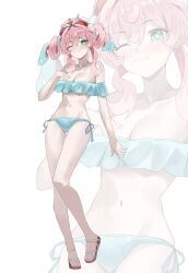 1girl ;) aqua_bikini aqua_eyes aqua_hair bare_legs beret bikini blush breasts cleavage commentary_request frilled_bikini_top hat higashiwun_izumi highres honkai:_star_rail honkai_(series) hyacine_(honkai:_star_rail) large_breasts legs multicolored_hair navel one_eye_closed pink_hair sandals short_hair side-tie_bikini_bottom simple_background smile solo stomach swimsuit toes twintails two-tone_hair white_background zoom_layer