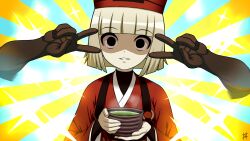 1girl black_eyes blunt_bangs breasts cup double_v emotional_engine_-_full_drive fate/grand_order fate_(series) ghost_hands grey_hair grin guriguri_(arayotto4351) hat highres japanese_clothes kimono long_sleeves looking_at_viewer red_hat red_kimono sen_no_rikyu_(fate) sen_no_rikyu_(first_ascension)_(fate) shaded_face short_hair small_breasts smile solo sparkle sunburst sunburst_background tea v wide_sleeves