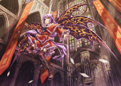 1girl architecture bad_id bad_pixiv_id black_thighhighs boots building church female_focus garter_straps gothic_architecture hair_bobbles hair_ornament highres indoors kurione_(zassou) lace lace-trimmed_legwear lace-up_boots lace_trim long_hair looking_at_viewer multiple_wings mystic_square purple_hair red_eyes rose_window shinki_(touhou) side_ponytail solo stained_glass thighhighs touhou touhou_(pc-98) very_long_hair wings