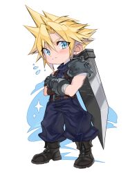 1boy armor baggy_pants blonde_hair blue_eyes blue_pants blue_sweater blush boots brown_boots buster_sword closed_mouth cloud_strife commentary crossed_arms earrings english_commentary final_fantasy final_fantasy_vii final_fantasy_vii_remake flying_sweatdrops full_body highres huge_weapon jewelry looking_at_viewer male_focus pants short_hair shoulder_armor sleeveless sleeveless_turtleneck solo sparkle spiked_hair standing stud_earrings sweater sword sword_on_back turtleneck turtleneck_sweater vinetsu weapon weapon_on_back