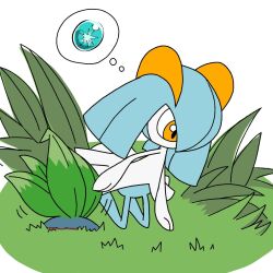 1boy blue_hair buried colored_skin dawn_stone evolution_stone flat_color gen_1_pokemon gen_3_pokemon grass green_skin hair_over_one_eye highres kirlia kneeling leaf leaning_forward looking_down male_focus medium_hair monya multicolored_skin nintendo oddish one_eye_covered orange_eyes outdoors pokemon pokemon_(creature) searching sidelocks solo_focus speech_bubble spoken_object thought_bubble trap two-tone_skin white_skin