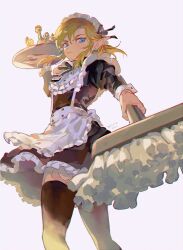 1boy alternate_costume angry apron black_socks black_thighhighs blonde_hair blue_eyes broom closed_mouth contemporary cowboy_shot crossdressing crossdressing_(mtf) earrings glass hair_between_eyes holding holding_broom holding_tray jewelry link long_sleeves looking_at_viewer maid maid_apron male_focus male_maid nintendo pointy_ears rain_rkgk simple_background skirt socks solo the_legend_of_zelda the_legend_of_zelda:_breath_of_the_wild the_legend_of_zelda:_tears_of_the_kingdom thighhighs tray unconventional_maid upper_body waist_apron white_apron white_background