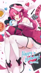 1girl :d animal_ears boots chattino_(raora_panthera) full_body garter_straps happy_birthday high_heel_boots high_heels highres hololive hololive_english jacket long_hair long_sleeves looking_at_viewer lying multicolored_hair namiorii off_shoulder on_side open_mouth panther_ears panther_girl panther_tail pink_hair raora_panthera raora_panthera_(1st_costume) red_jacket shorts smile solo streaked_hair tail thighhighs virtual_youtuber white_boots white_hair white_shorts white_thighhighs yellow_eyes