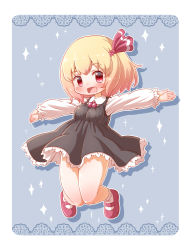 1girl arinu black_dress blonde_hair blue_background blush collared_shirt commentary_request dress dress_shirt female_focus full_body hair_ribbon highres long_sleeves looking_at_viewer mary_janes open_mouth outstretched_arms partial_commentary red_eyes red_ribbon red_shoes ribbon rumia shirt shoes short_hair smile socks solo star_(symbol) touhou white_shirt white_socks