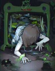 1girl 2022 3others ahoge artist_name brown_hair child crawling dripping frogs girutea highres indie_virtual_youtuber lily_hopkins multiple_others short_hair television the_ring yamamura_sadako