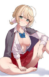 Rule 34 | 1girl, :3, ahoge, alternate breast size (larger), barefoot, blonde hair, blue bow, blue bowtie, blunt bangs, bow, bowtie, breasts, cardigan, cardigan on shoulders, cleavage, closed mouth, commentary request, eru (l illust45), full body, green eyes, grey cardigan, highres, indie virtual youtuber, knee up, large breasts, looking at viewer, miniskirt, no bra, official alternate costume, official alternate hairstyle, partially unbuttoned, pleated skirt, red skirt, school uniform, shigure ui (vtuber), shigure ui (vtuber) (2nd costume), shirt, short hair, short twintails, simple background, sitting, skirt, sleeves rolled up, solo, swept bangs, three-quarter sleeves, twintails, virtual youtuber, white background, white shirt